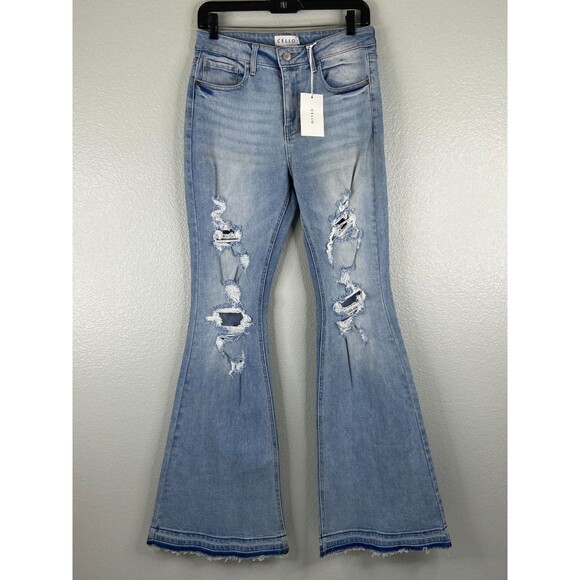 Cello Women Size 7 Denim Jeans Mid Rise Flare Distressed NWT - Picture 1 of 16